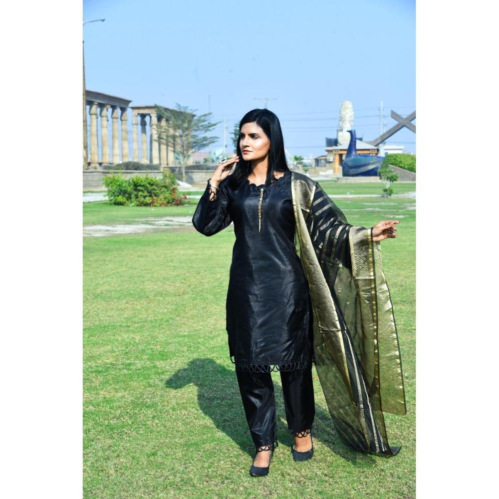 Black Katan Silk 3-Piece Unstitched Suit with Organza Dupatta