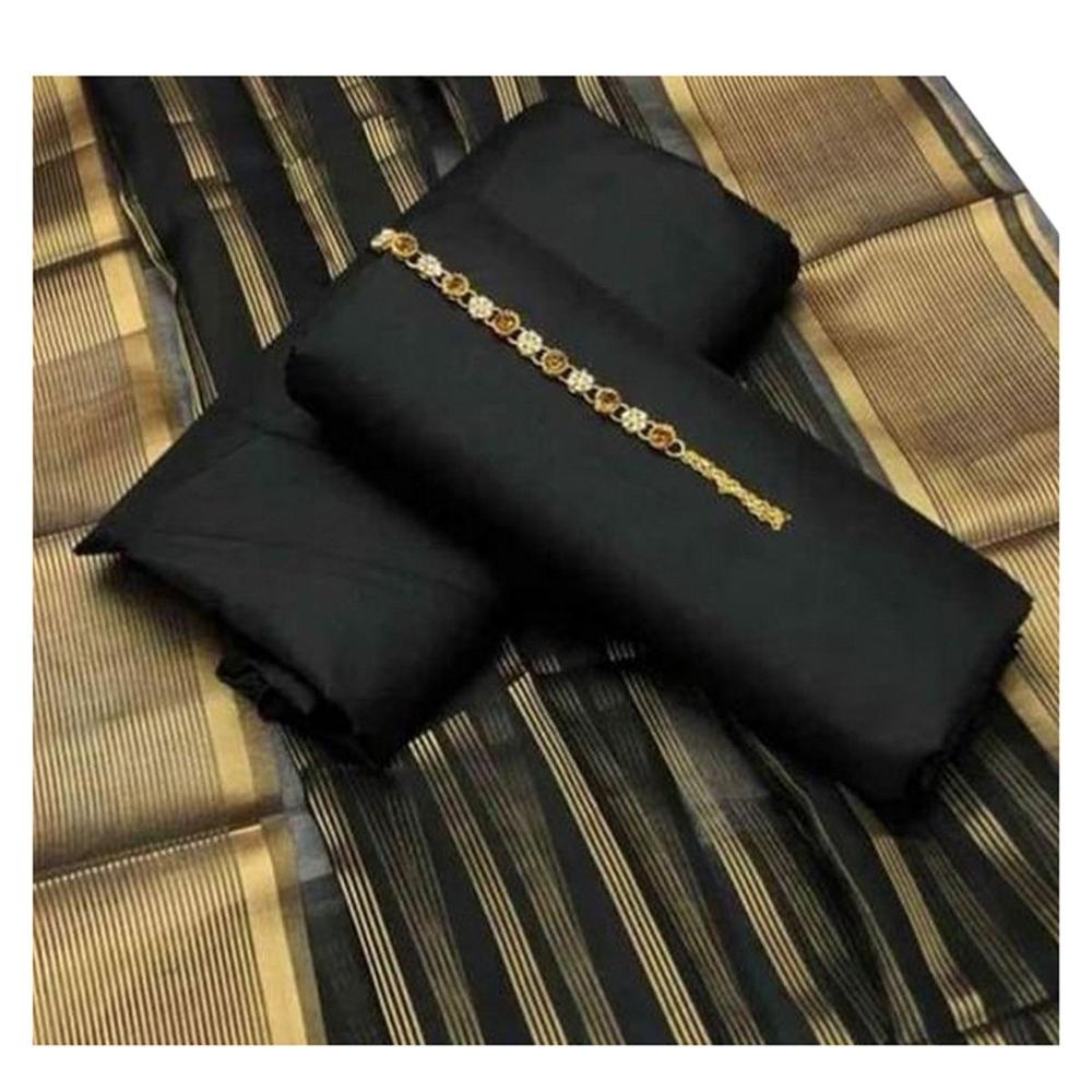 Black Katan Silk 3-Piece Unstitched Suit with Organza Dupatta