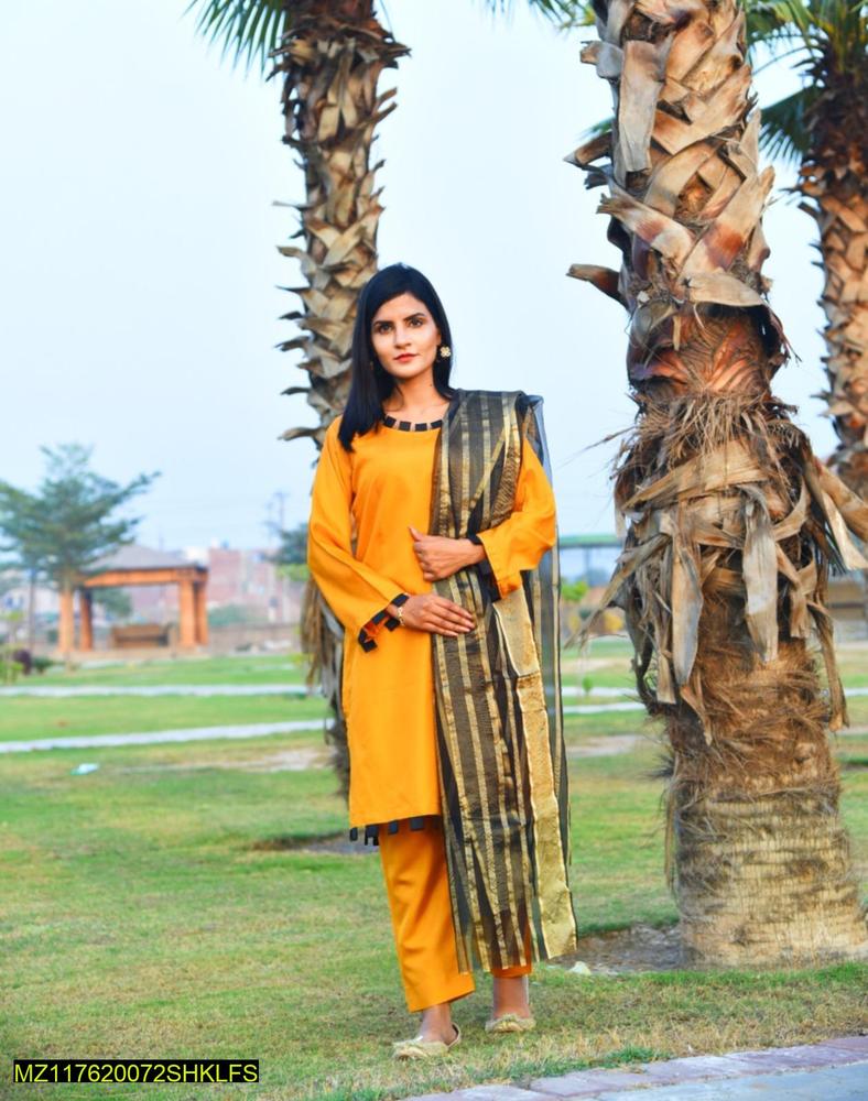 Unstitched Katan Silk Suit Yellow Organza Dupatta