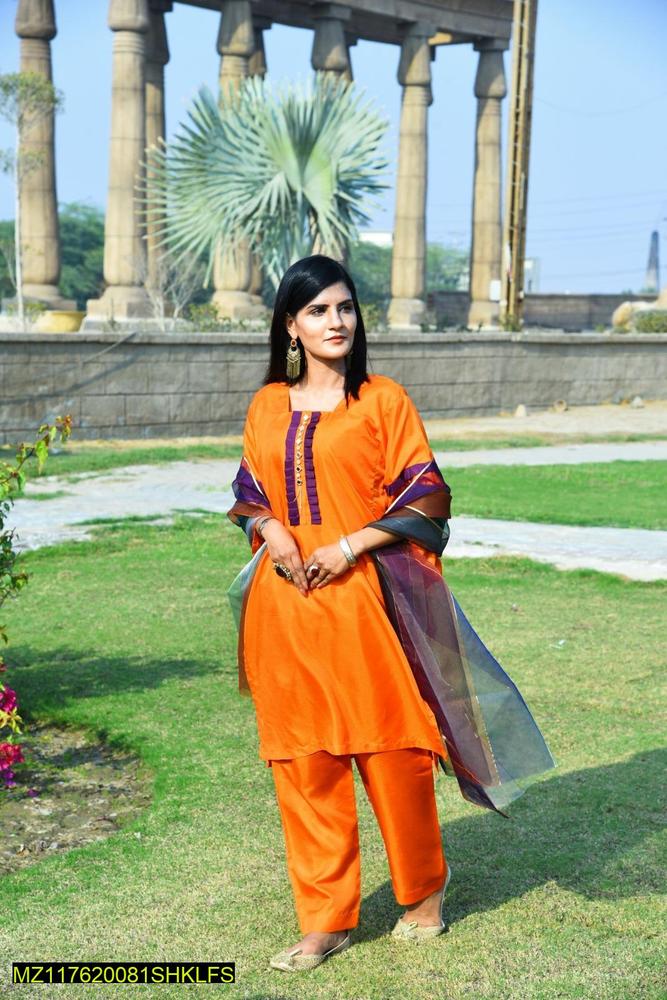 Orange Katan Silk 3-Piece Suit for Women