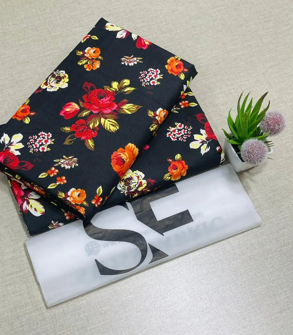 2Pcs Women's Unstitched Floral Print Suit Black 2.25m