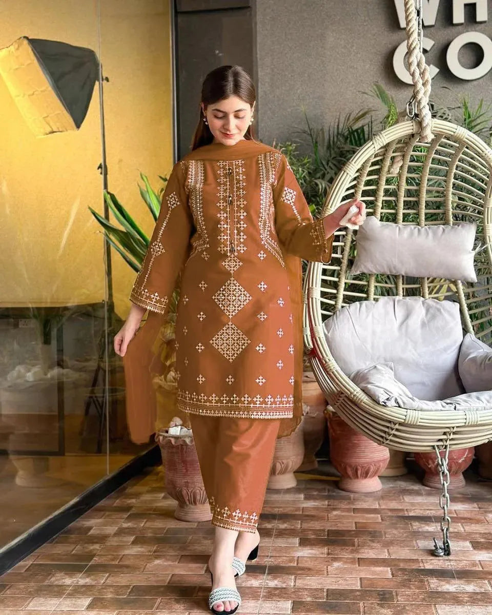 Brown Embroidered 3Pc Suit with Sequins & Duppatta