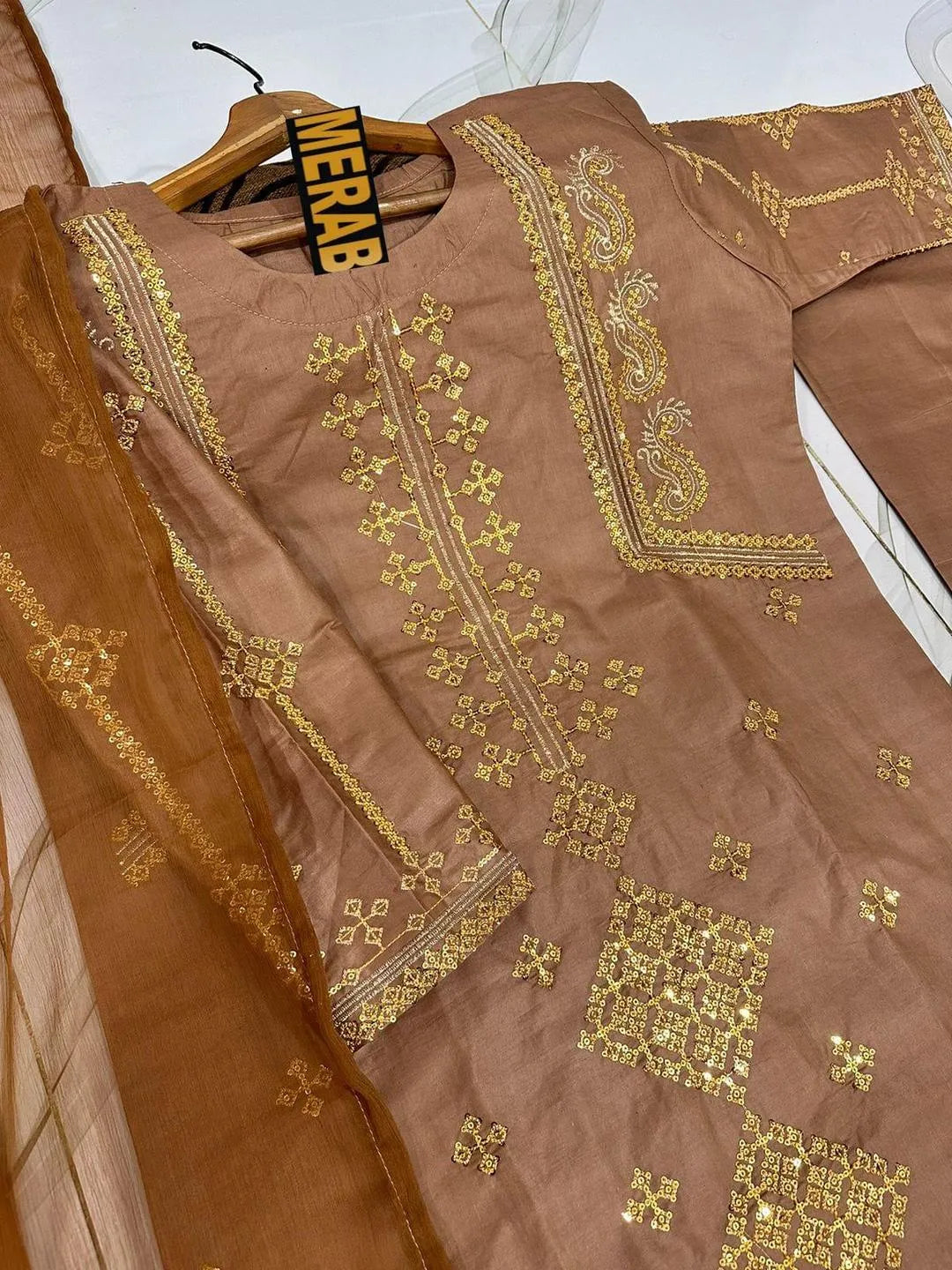 Brown Embroidered 3Pc Suit with Sequins & Duppatta