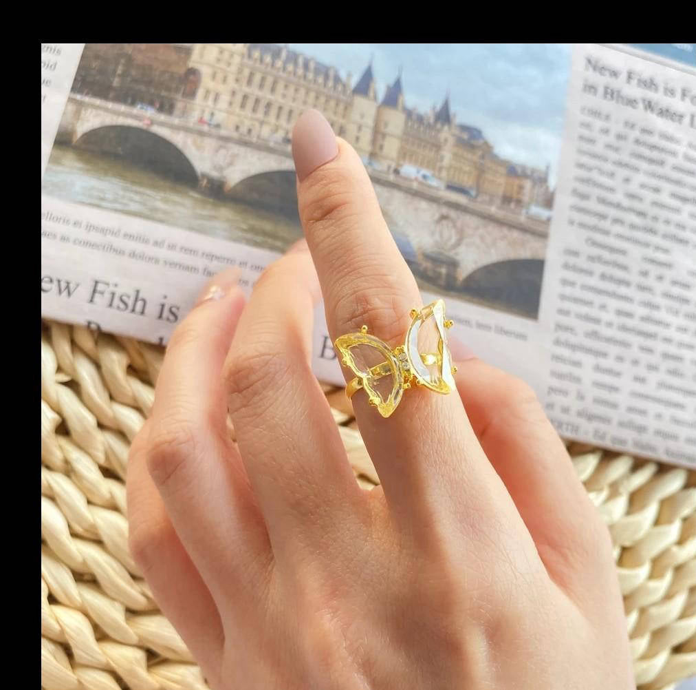 White Crystal Butterfly Ring for Women Adjustable Alloy