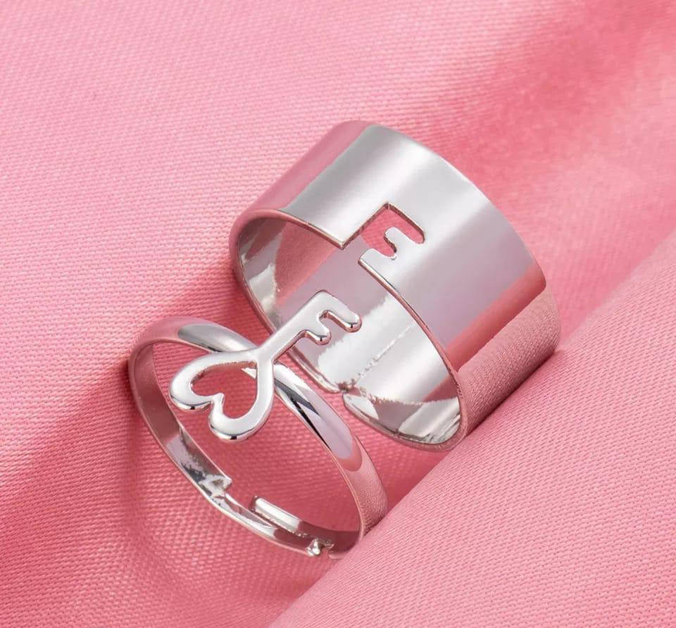 Adjustable Silver Key & Band Ring for Couples
