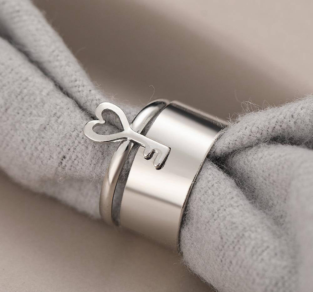Adjustable Silver Key & Band Ring for Couples