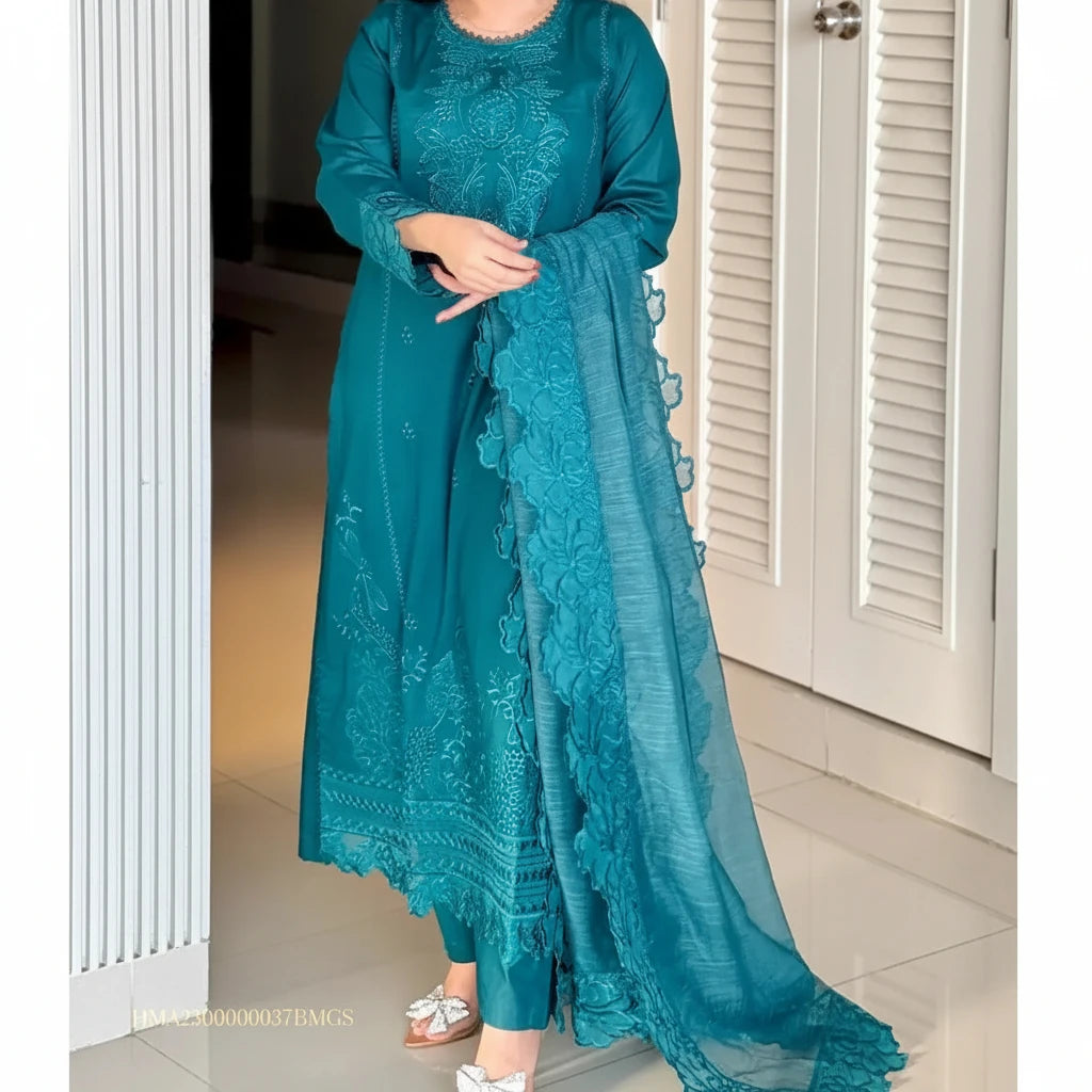 Women's 3 Pcs Premium Quality Arabic Lawn Stitched Embroidered Suit – Dark Green