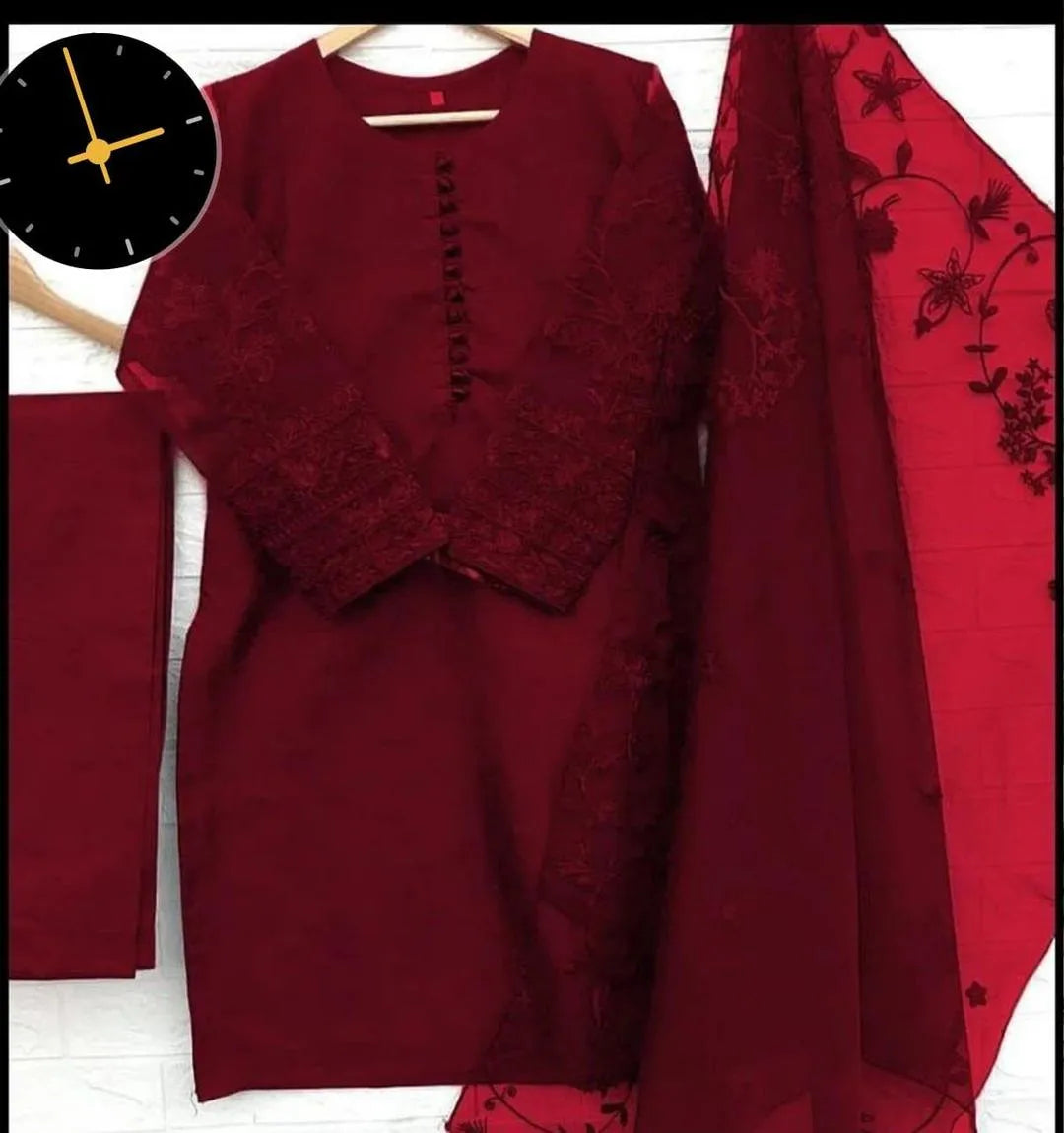 Red Embroidered 3-Piece Women Suit for Eid & Weddings