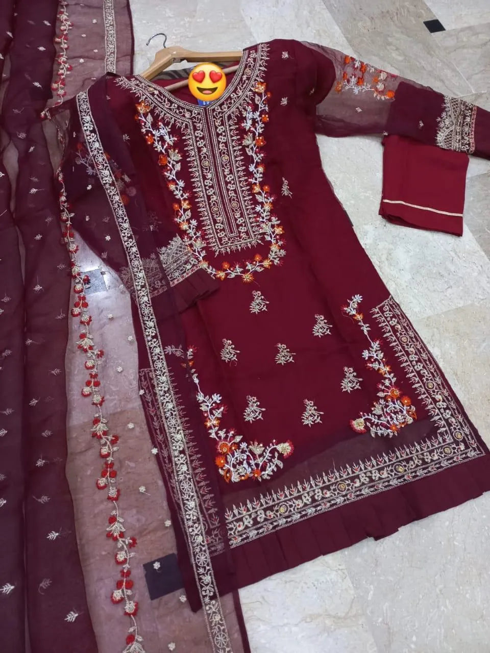 Maroon Embroidered 3Pcs Organza Suit for Eid Party Wear