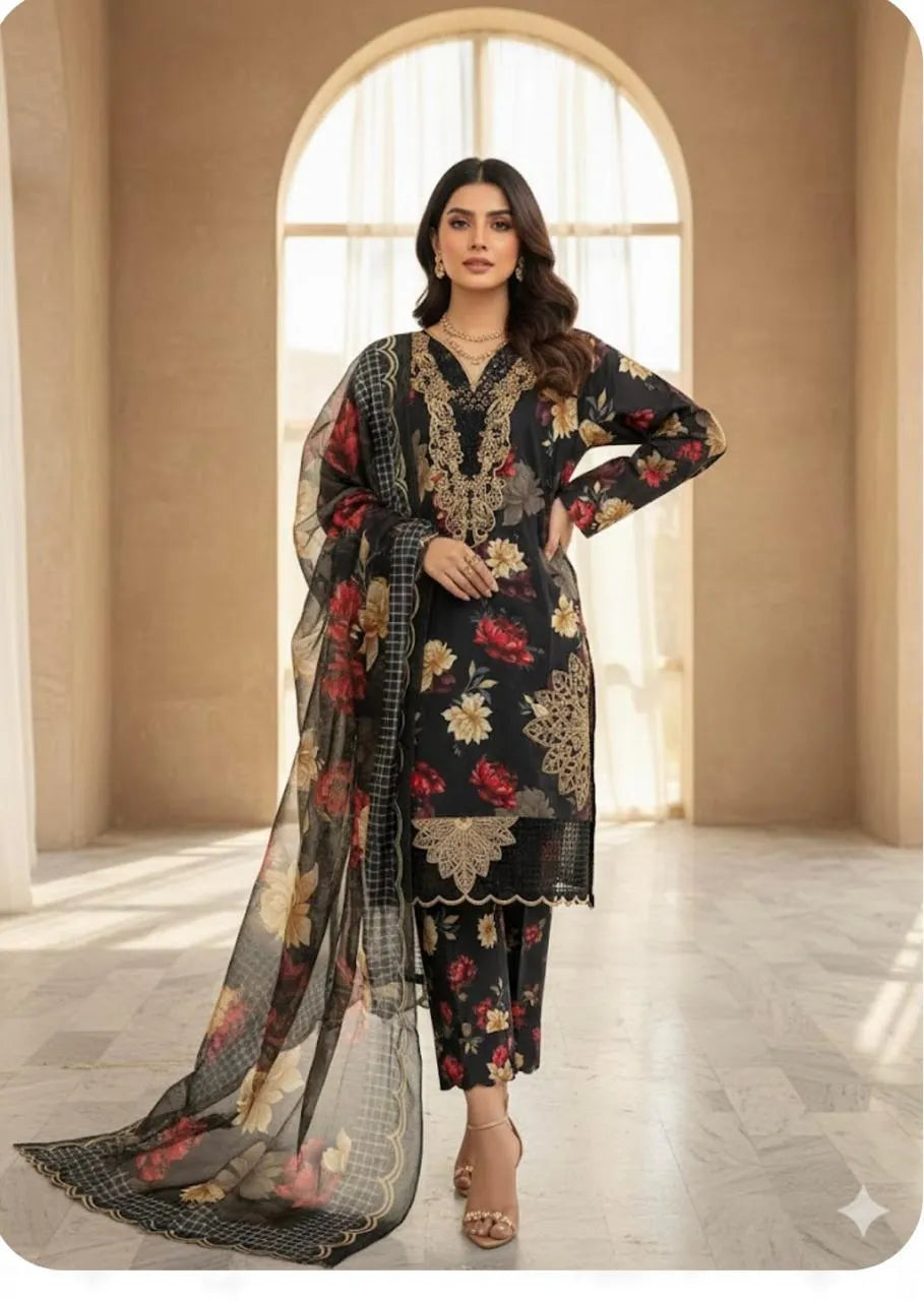 Black Floral 3-Piece Pakistani Suit with Chiffon Dupatta