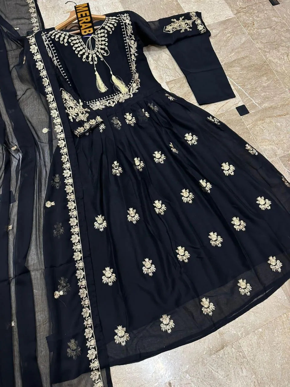Black Embroidered 3-Piece Wedding Suit with Gold Work