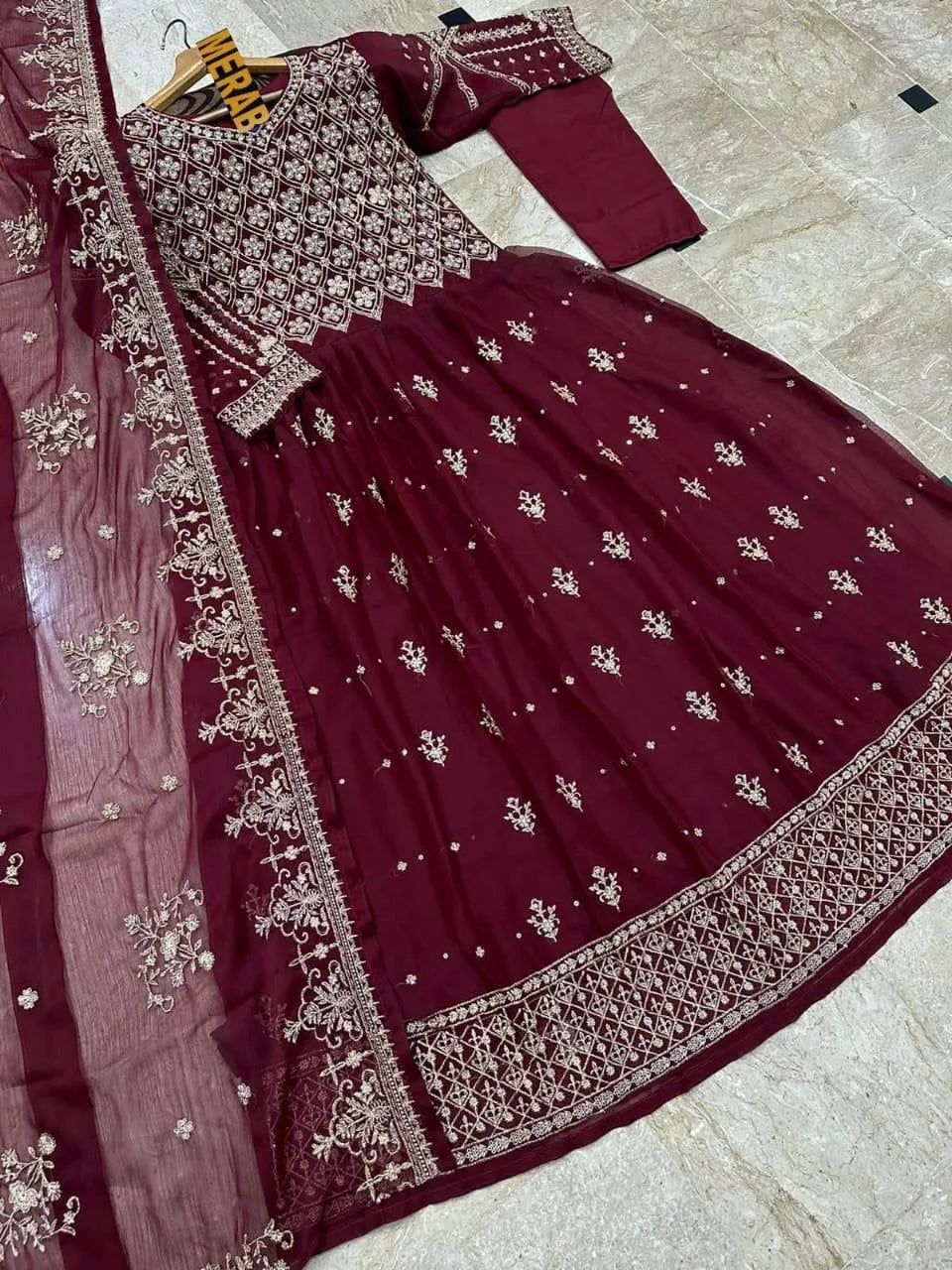 Maroon Embroidered 3-Piece Suit for Women