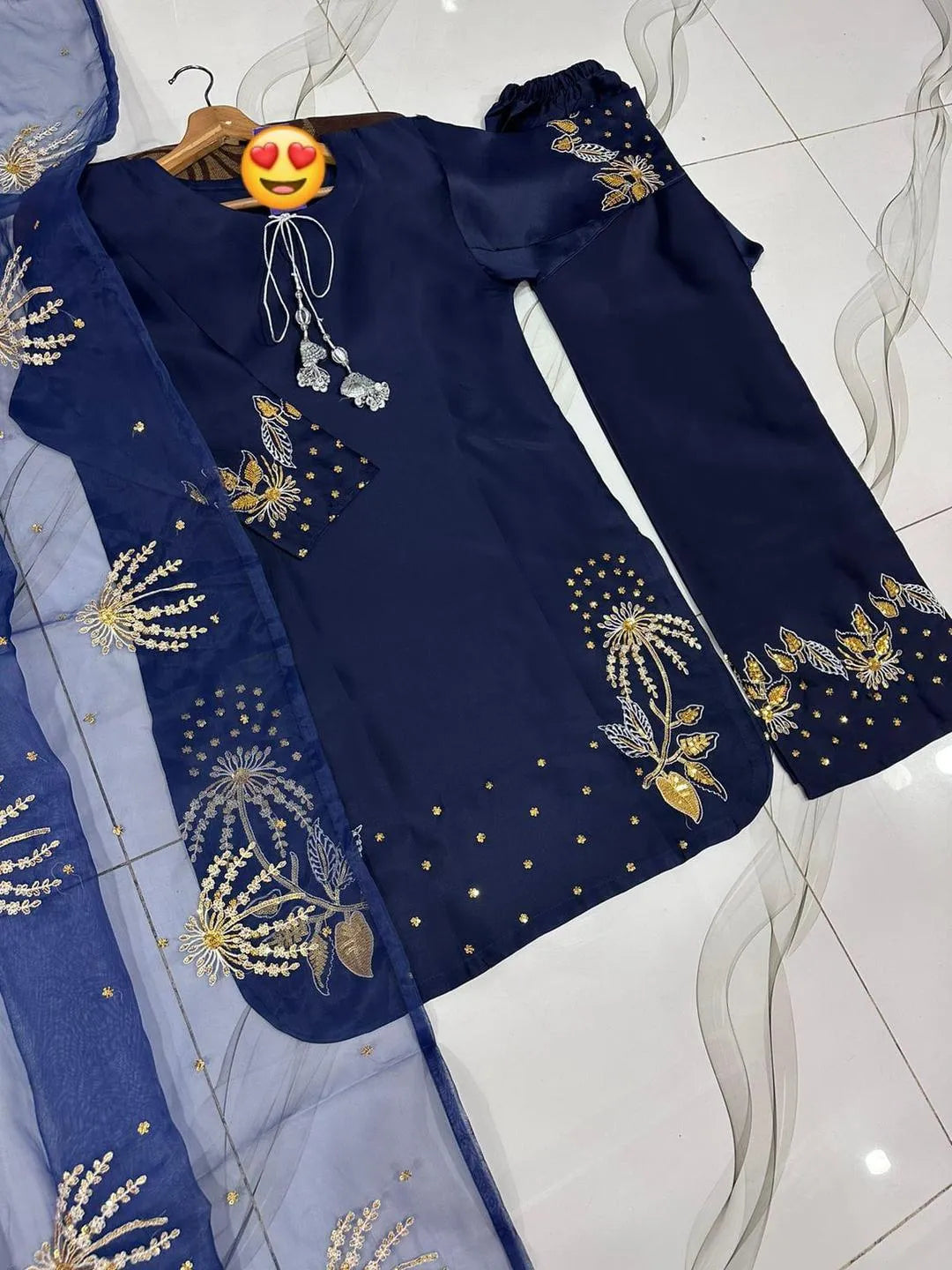 Blue Sequin Embroidered 3Pcs Women Suit Set