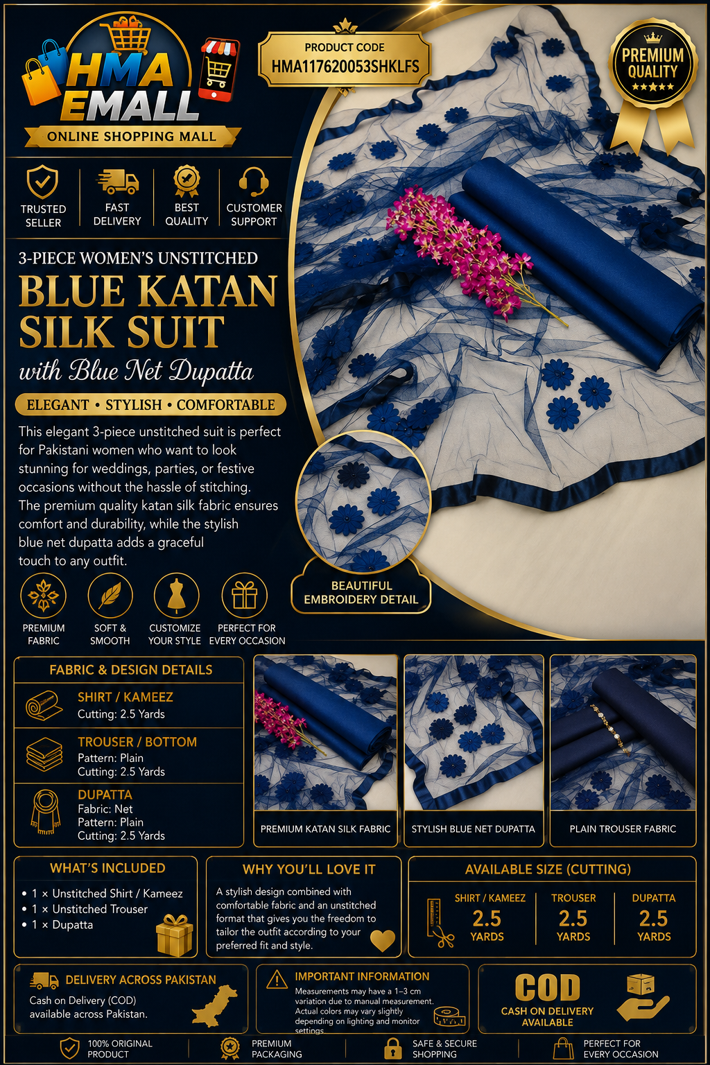 3-Piece Women's Unstitched Blue Katan Silk Suit with Blue Net Dupatta