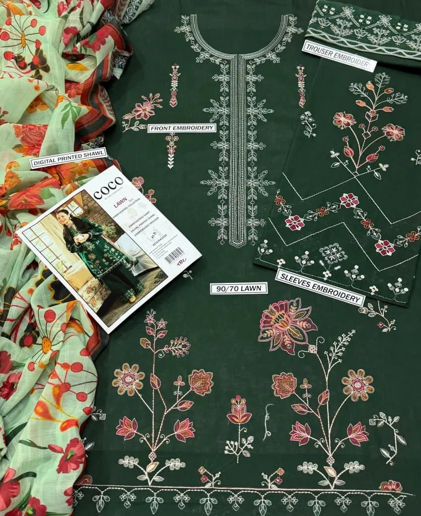 Green Embroidered Lawn 3Pcs Women Suit Set
