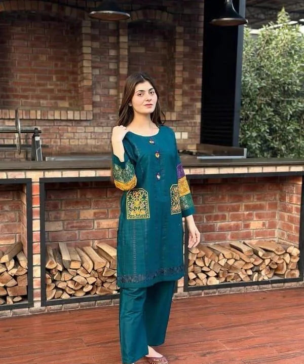 Women's 2-Piece Stitched Cotton Net Embroidered Shirt And Trouser