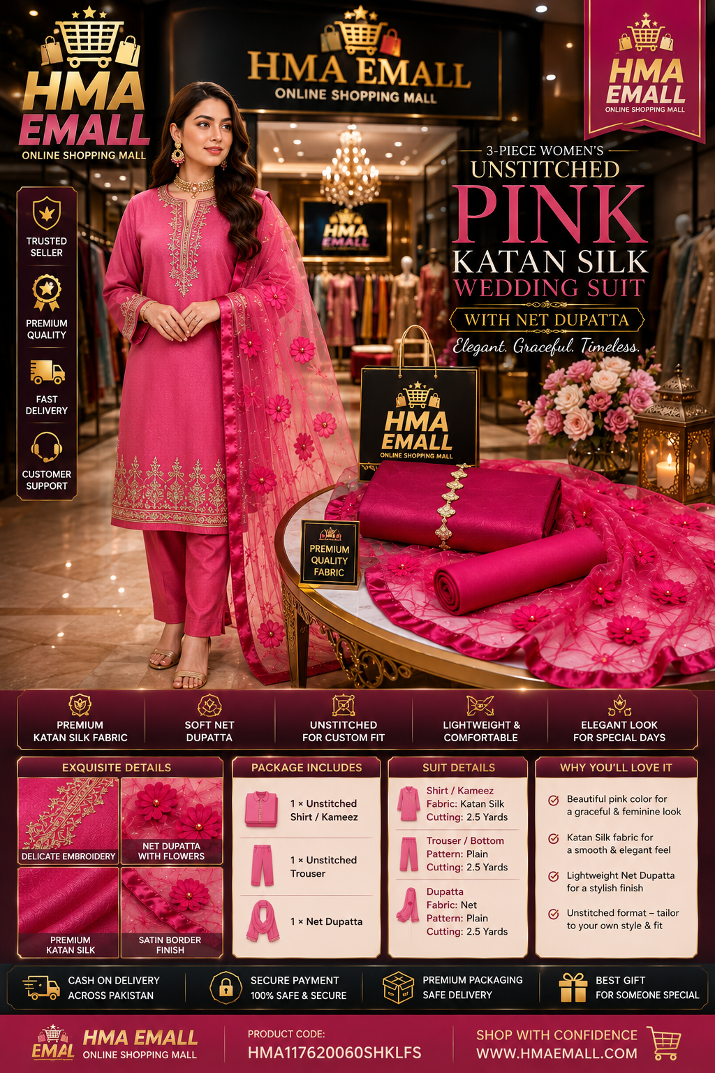 3-Piece Women's Unstitched Pink Katan Silk Wedding Suit with Net Dupatta