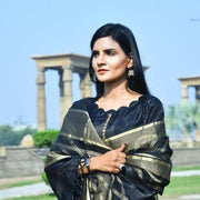 Black Katan Silk 3-Piece Unstitched Suit with Organza Dupatta