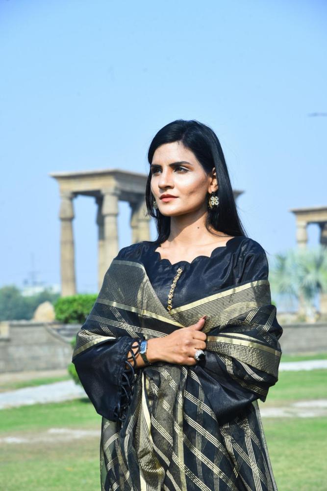 Black Katan Silk 3-Piece Unstitched Suit with Organza Dupatta