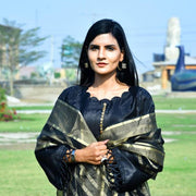 Black Katan Silk 3-Piece Unstitched Suit with Organza Dupatta