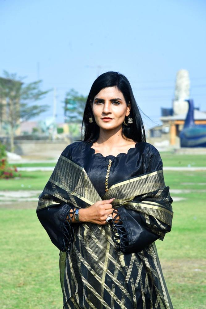 Black Katan Silk 3-Piece Unstitched Suit with Organza Dupatta
