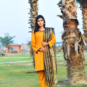 Unstitched Katan Silk Suit Yellow Organza Dupatta