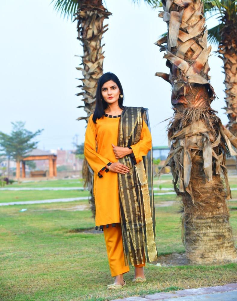 Unstitched Katan Silk Suit Yellow Organza Dupatta