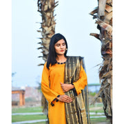 Unstitched Katan Silk Suit Yellow Organza Dupatta