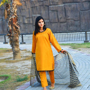 Unstitched Katan Silk Suit Yellow Organza Dupatta