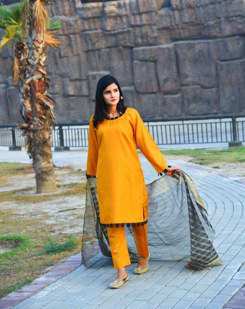 Unstitched Katan Silk Suit Yellow Organza Dupatta