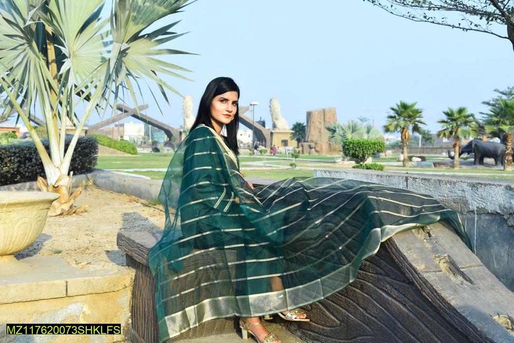Green Katan Silk 3-Piece Suit with Organza Dupatta