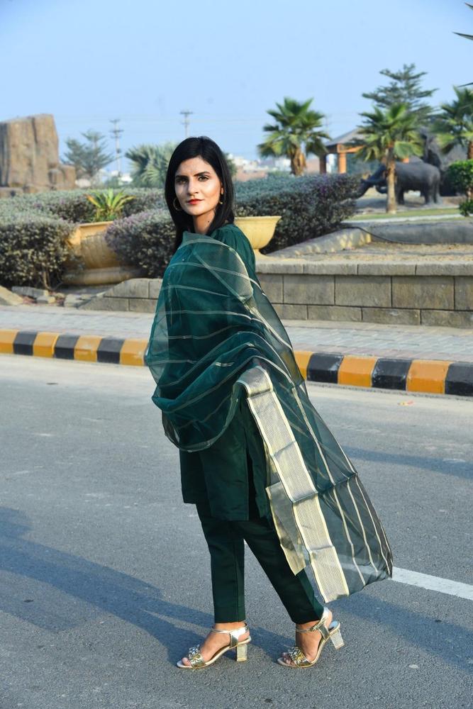 Green Katan Silk 3-Piece Suit with Organza Dupatta
