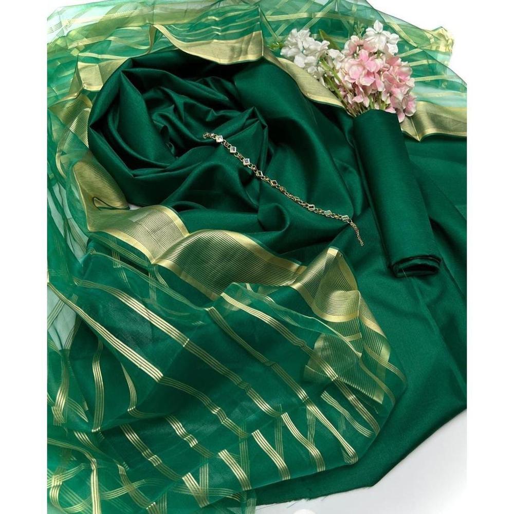 Green Katan Silk 3-Piece Suit with Organza Dupatta