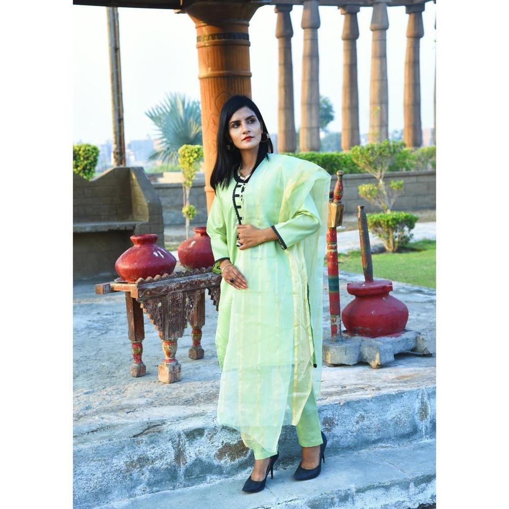 3-Piece Katan Silk Suit Light Green for Women