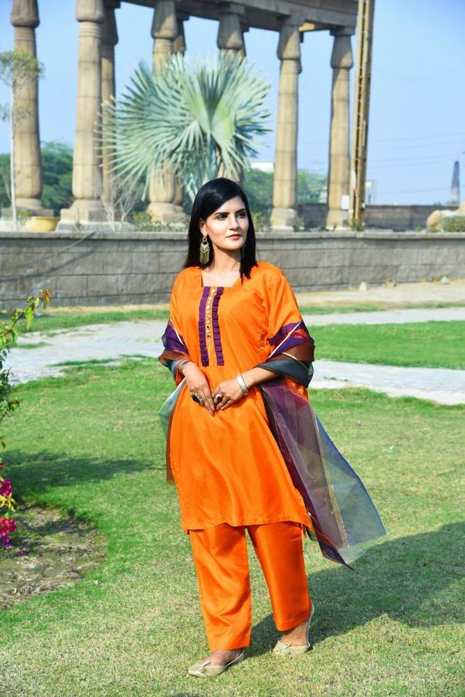 Orange Katan Silk 3-Piece Suit for Women