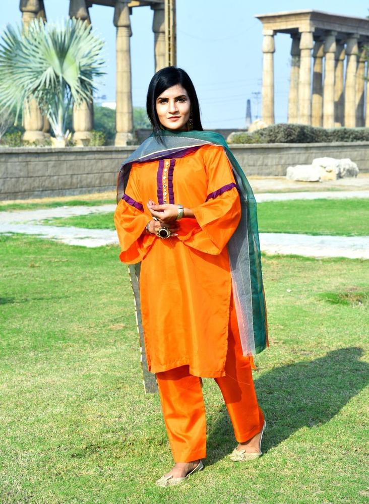 Orange Katan Silk 3-Piece Suit for Women