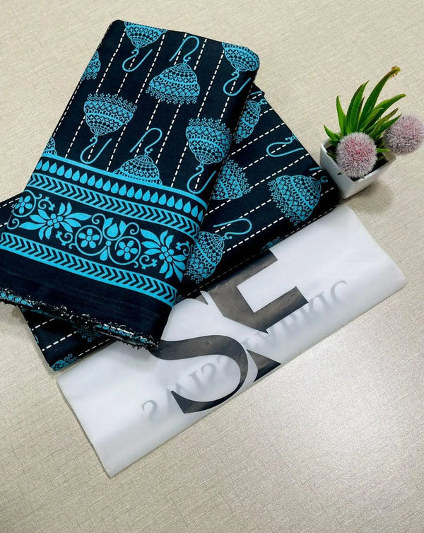 2Pcs Women's Unstitched Black Turquoise Printed Polo Cott offon Suit 2.25m