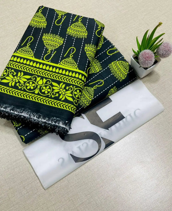 2Pc Women Unstitched Printed Suit Black Lime Green on