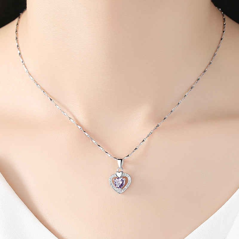 Sterling Silver Heart Pendant Necklace with Purple Diamond