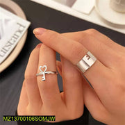 Adjustable Silver Key & Band Ring for Couples
