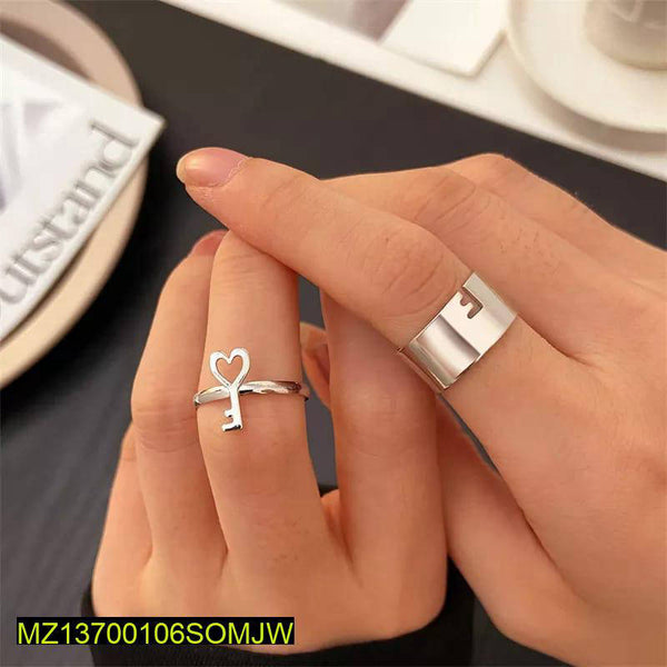 Adjustable Silver Key & Band Ring for Couples