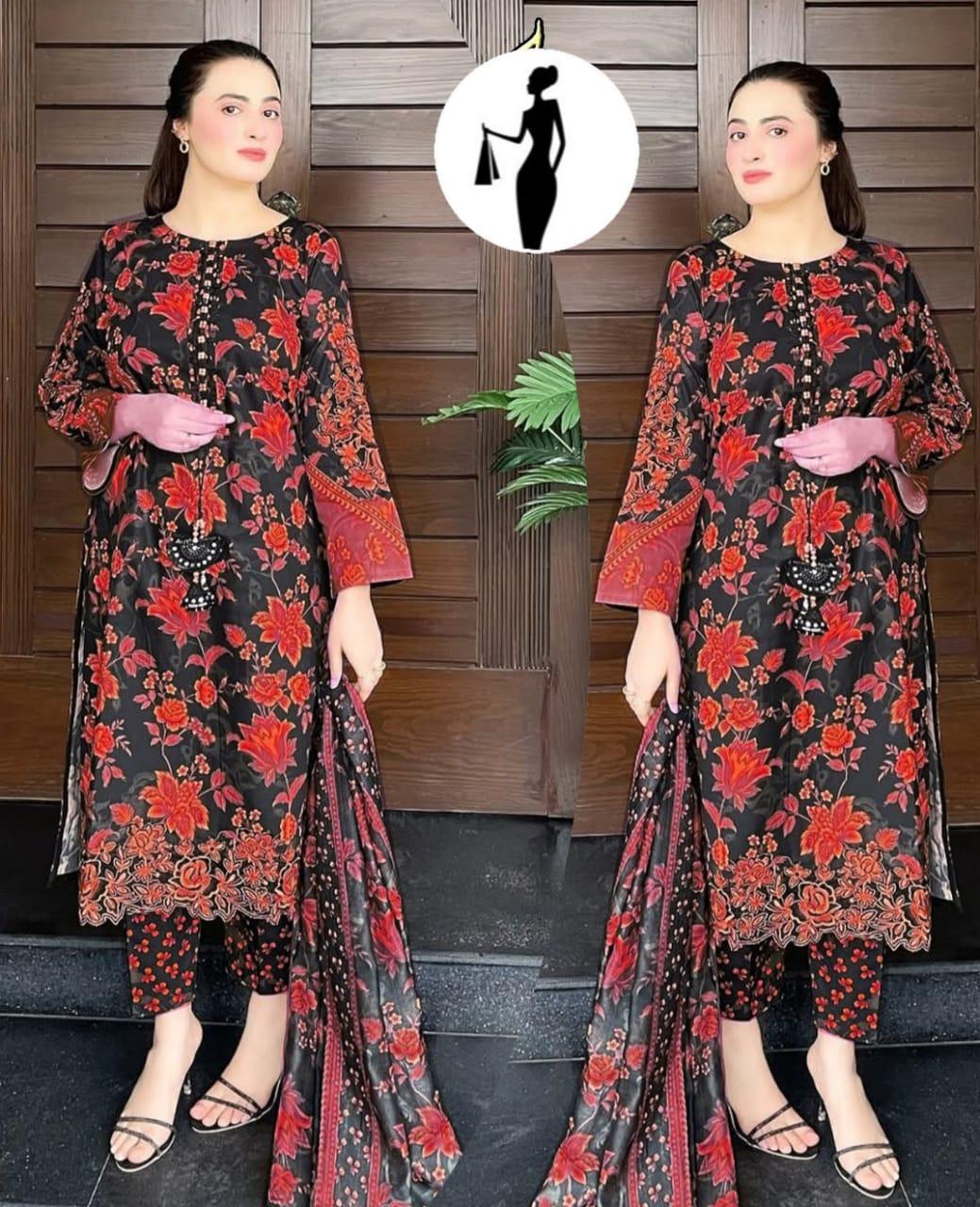 3-Piece Swiss Lawn Floral Suit Red Black