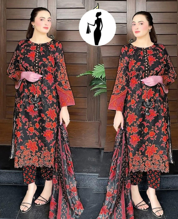 3-Piece Swiss Lawn Floral Suit Red Black