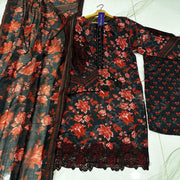 3-Piece Swiss Lawn Floral Suit Red Black