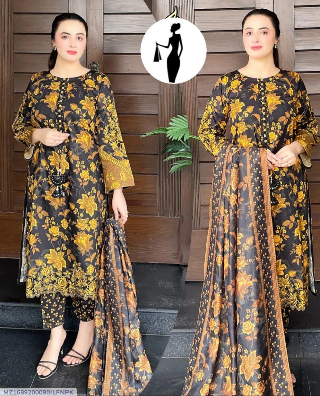 3-Piece Printed Swiss Lawn Suit with Organza Dupatta