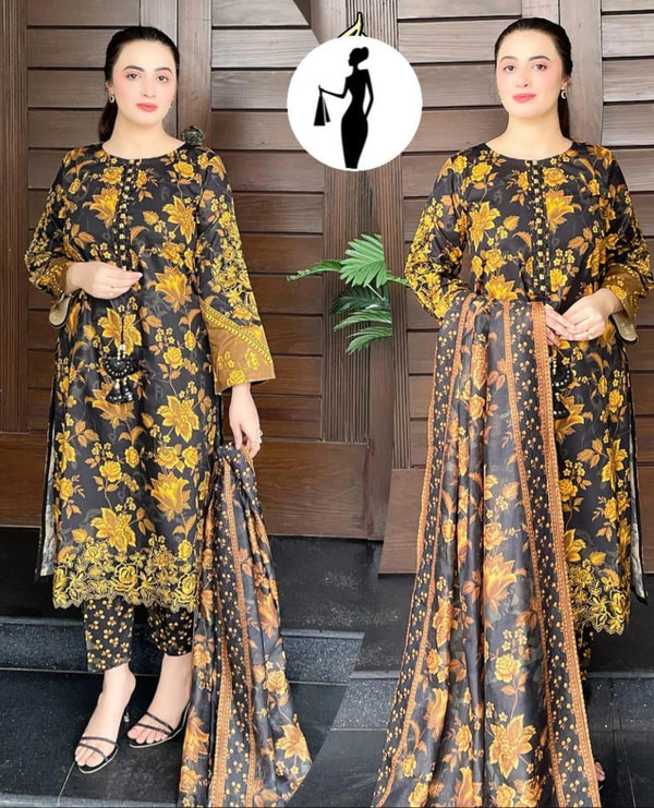 3-Piece Printed Swiss Lawn Suit with Organza Dupatta