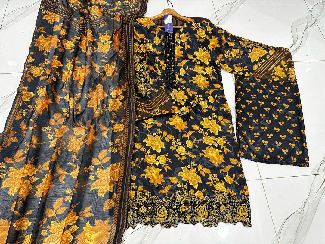 3-Piece Printed Swiss Lawn Suit with Organza Dupatta