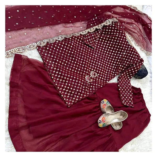 Maroon Mirror Work 3-Piece Women Suit Party Wear