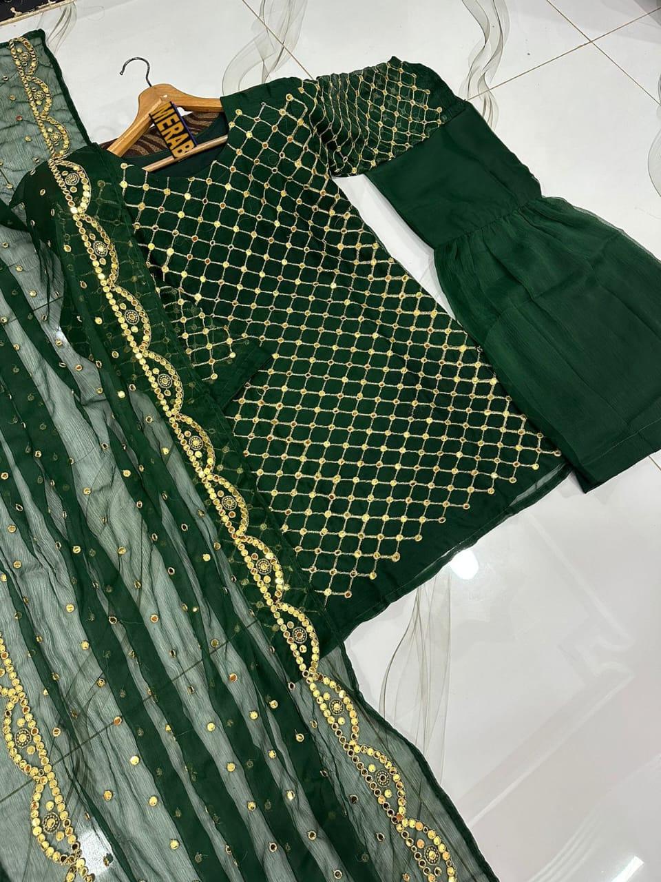 Green Mirror Work 3-Piece Chiffon Suit for Women