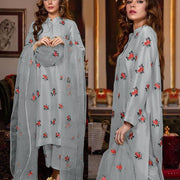 Grey Embroidered Shamoz Silk 3Pcs Women Suit